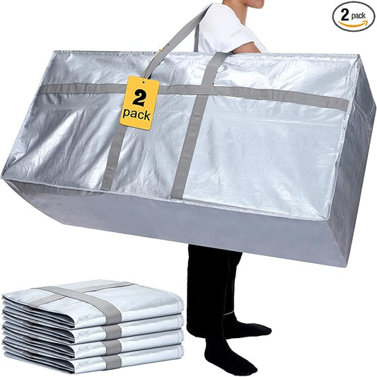 2 Pcs 66 Gallon Extra Large Moving Bags Storage Bags with Zipper and Handles Heavy Duty Duffle Bag Foldable Tote Bag for College Dorm Travel Clothes Blankets Bedding Moving(Silvery)