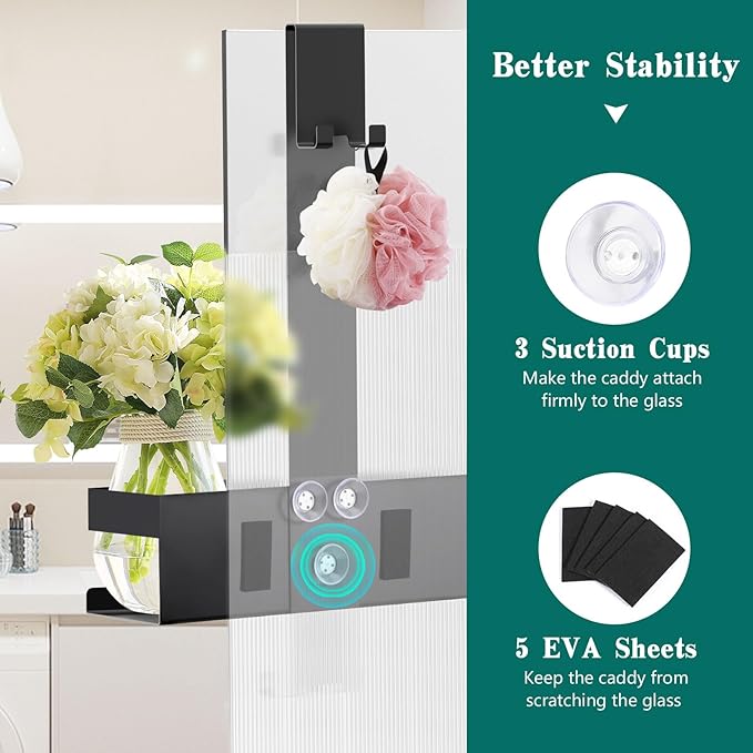 Over The Door Shower Caddy, 304 Stainless Steel Hanging Shower Caddy Rustproof Shower Shelves, No Drilling Hanging Shower Organizer for Bathroom Glass Door, Black