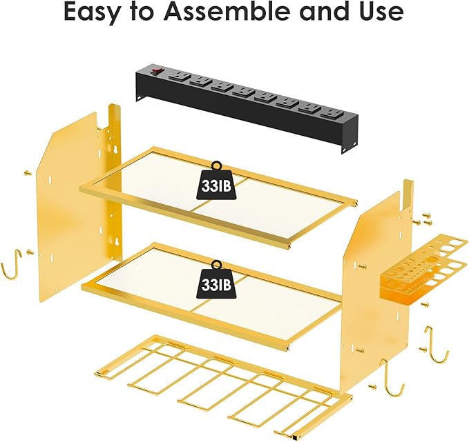 CCCEI Modular Power Tool Organizer Wall Mount with Charging Station. Garage 4 Drill Storage Shelf with Hooks, Drill Bit Heavy Duty Rack, Gold Tool Battery Holder Built in 8 Outlet Power Strip.-NeatNest