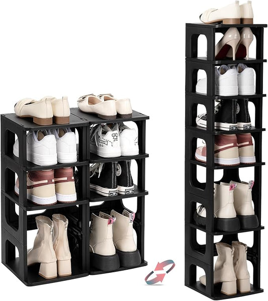 TRZZ 8-Tier Small Shoe Rack, Vertical Narrow Stackable Organizer with Removable Partition, Efficient Shoe Storage for Closet, Entryway, and Small Spaces (Black)-NeatNest