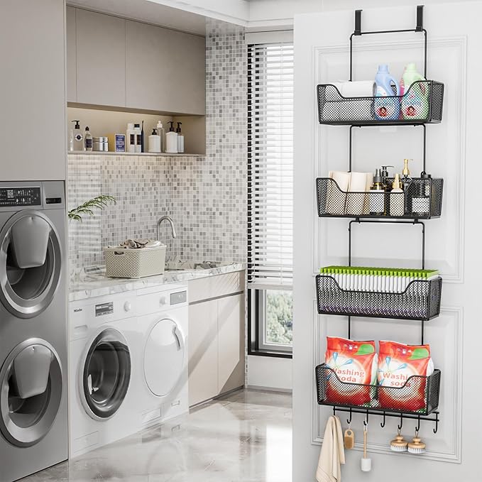 HapiRm Over The Door Organizer - Hanging Door Organizer with 4 Metal Large Capacity Baskets and Adjustable Coat Hook for Bathroom Bedroom Kitchen Pantry Closet Cabinet-NeatNest