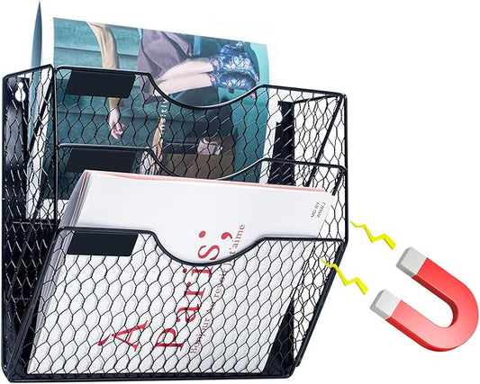 3-Tier Magnetic File Holder for File Cabinets, Refrigerator, Whiteboard, Magnetic Paper Holder, Magnetic Mail Holder, Black Magnetic Folder Holder