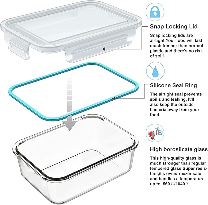 18 Piece Glass Food Storage Containers with Lids, Glass Meal Prep Containers, food storage Containers for Food Storage with Lids, BPA Free & Leak Proof (9 lids & 9 Containers)-NeatNest