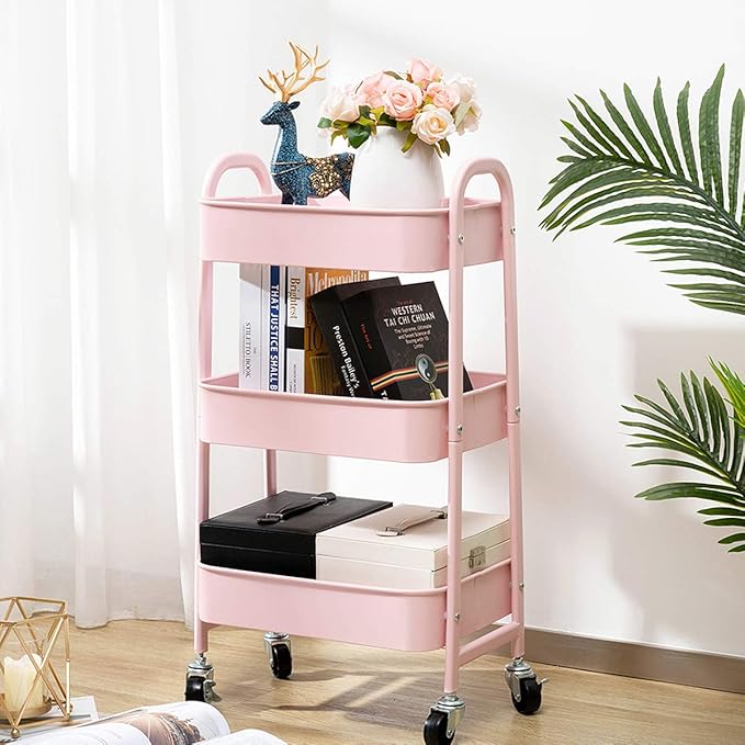 AGTEK Makeup Cart, Movable Rolling Organizer Cart, 3 Tier Metal Utility Cart Pink-NeatNest