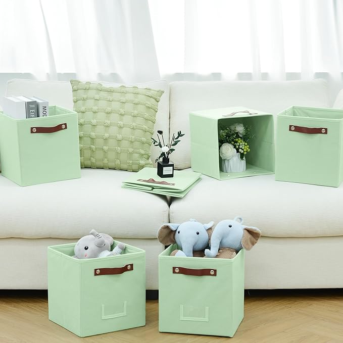 6-Pack Collapsible Fabric Storage Cubes with Handles & Label Holders, Closet Cube Home Organizer Bins (Sage Green, 10.5 * 10.5 * 11 inch)