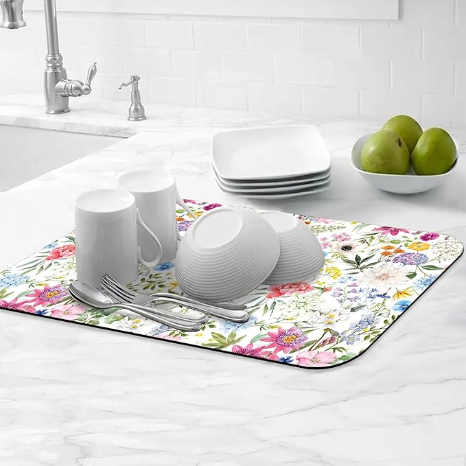 Colorful Flower Dish Drying Mats for Kitchen Counter Absorbent Fast Dry Dish Drainer Rack Mats for Dishes Utensils Pot and Pan, Kitchen Accessories 20"x12"-NeatNest