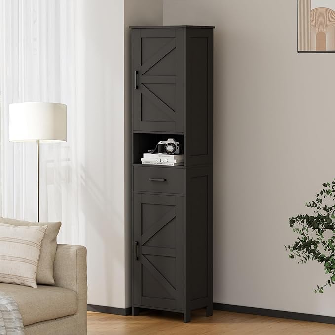 Homhedy 67" H Tall Bathroom Storage Cabinet with 2 Barn Doors and 1 Drawer, Storage Cabinet, Adjustable Shelves, Floor Cabinet for Bathroom, Living Room, Entryway, Kitchen, Black, (15.7" W)