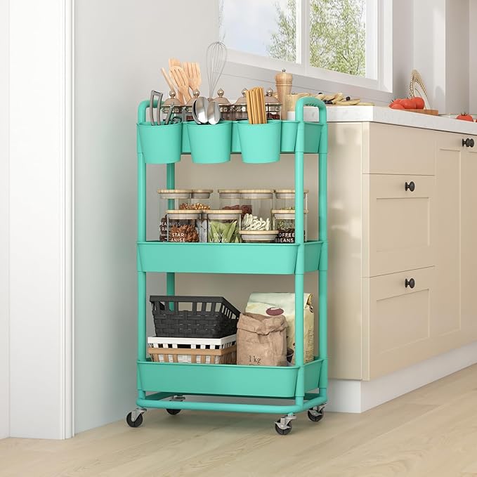 JIUYOTREE 3-Tier Plastic Rolling Storage Cart Utility Cart with Extra Hanging Cups Handles Lockable Wheels for Living Room Bathroom Kitchen Office Green-NeatNest