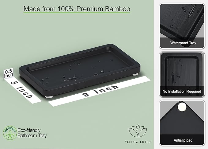 Black Bathroom Tray - Small Black Bamboo Wood Tray Decor for Vanity, Coffee Table, Cologne and Perfume Tray, Matte Black Bathroom Decor for Counter, Soap Dish, 9 inch-NeatNest