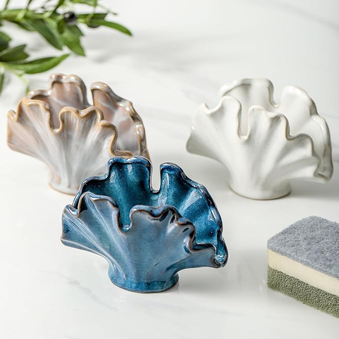 Ceramic Sponge Holder,Sponge Holder for Kitchen Sink,Compact Sink Caddy Organizer-Scouring Pad and Dish Holder,Farmhouse Kitchen Decor Cute Gadgets Accessories(Brown Grey)-NeatNest