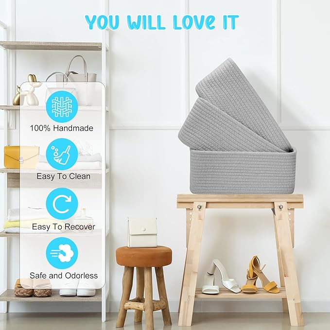 3-Pcs Shelf Baskets for Organizing, Closet Organizer Bins, Small Woven Baskets, Rope Toy Basket, Storage Basket for Shelves, Cube Decorative Box, 11.8×7.8×5.1”, Grey-NeatNest