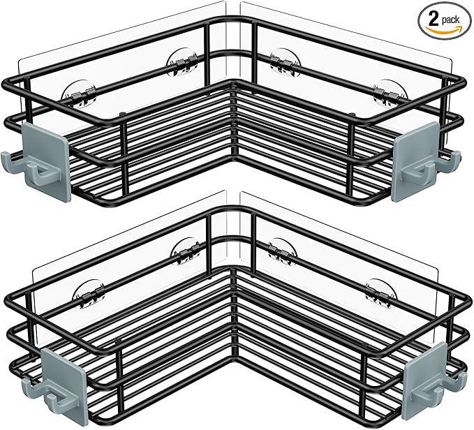 Nieifi Adhesive Corner Shower Caddy Shelf Basket Rack with Hooks, Rust Proof Stainless Steel Bathroom Shelf Shampoo Holder No Drilling (Black)