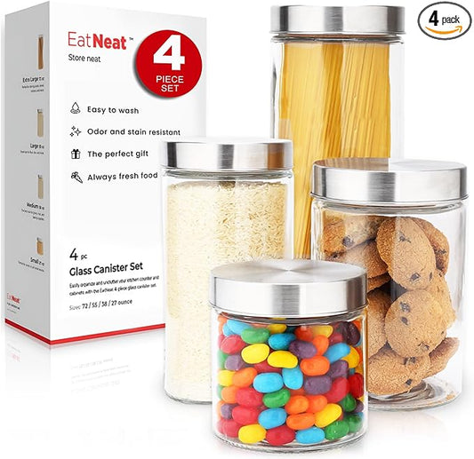 EatNeat 4-Piece Sleek Glass Canister Set with Brushed Stainless Steel Lids – Giftable, Durable Storage Containers for Countertop Use – Dishwasher-Safe Jars in Various Sizes for Pantry & Kitchen