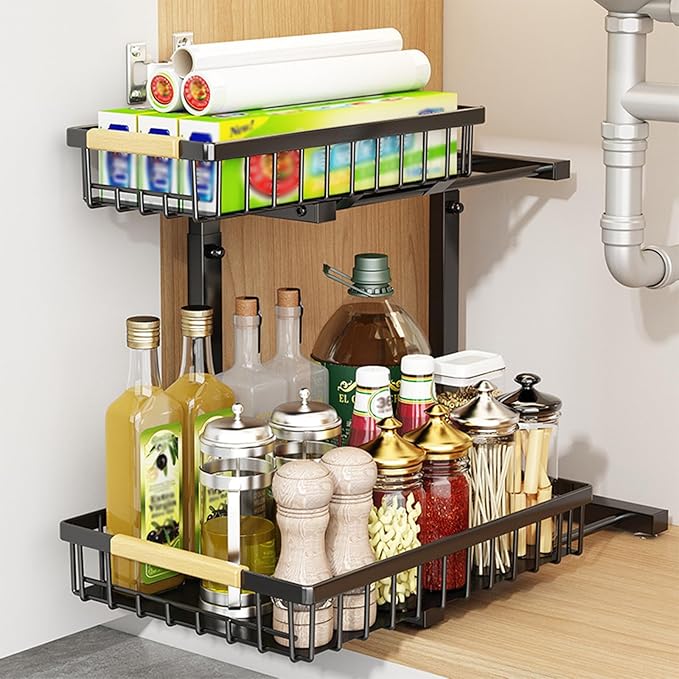 2 Tiers Under Sink Organizers, 2 Pack Metal Kitchen Storage Shelf, Pull Out Sink Storage Rack, Multi-purpose Under Sink Shelf Organizer for Under Sink Cabinet Bathroom Kitchen (Black)-NeatNest
