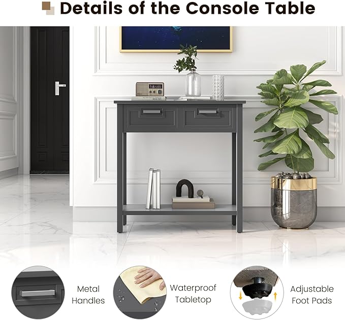 GOFLAME Small Console Table with 2 Drawers, 31” Entry Table with Storage Shelf, Modern, Narrow Sofa Table for Living Room, Hallway, Entrance (Gray)-NeatNest