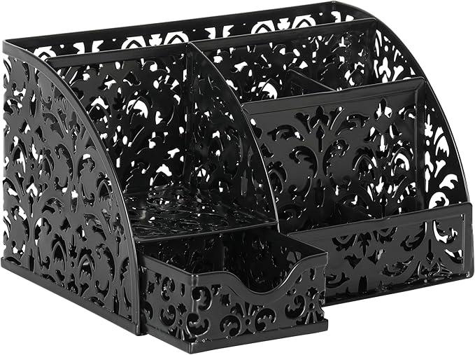 EasyPAG Desk Organizer with Sliding Drawer - 6 Compartments Metal Desktop Caddy, Decorative Elegant Hollow Flower Design, Anti-Scratch Pads for Home, Office, School, Black-NeatNest