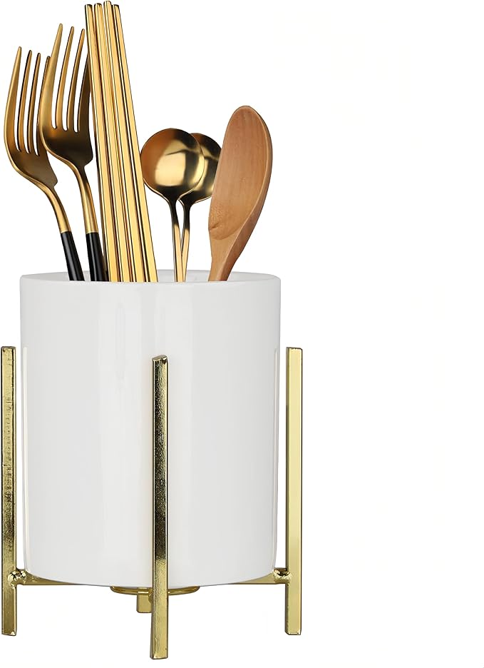 Ceramic Spoon Holder, Silverware Holder For Countertop, Sturdy Cutlery Holder, Gold Utensil Holder for Kitchen Countertop, White Ceramic Cup with Gold Metal Bracket, 1 Pcs-NeatNest