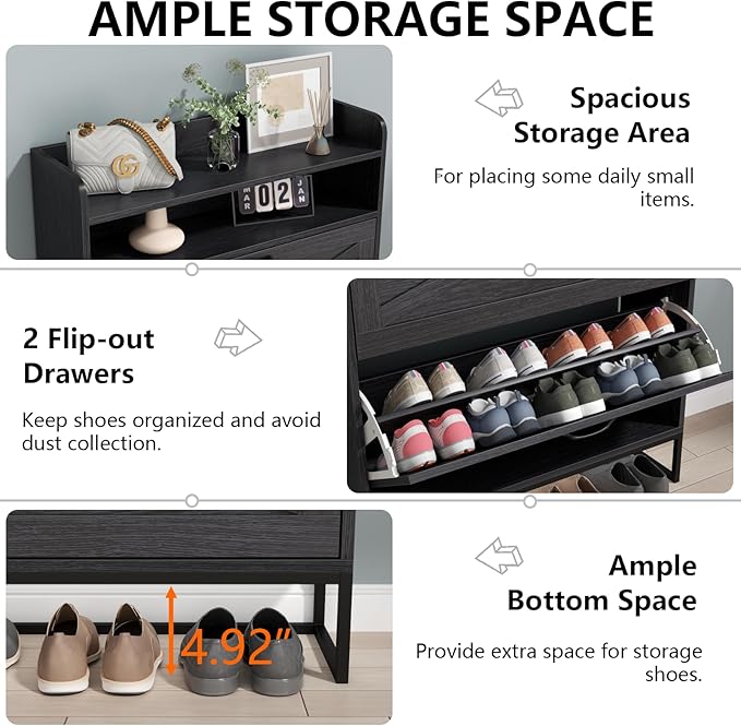 Shoe Cabinet, Freestanding Tipping Bucket Shoe Storage Cabinet with 2 Flip Drawers, Entryway Shoe Rack with Storage Top Cubby, Narrow Slim Hidden Shoe Organizer with Doors (Black)-NeatNest