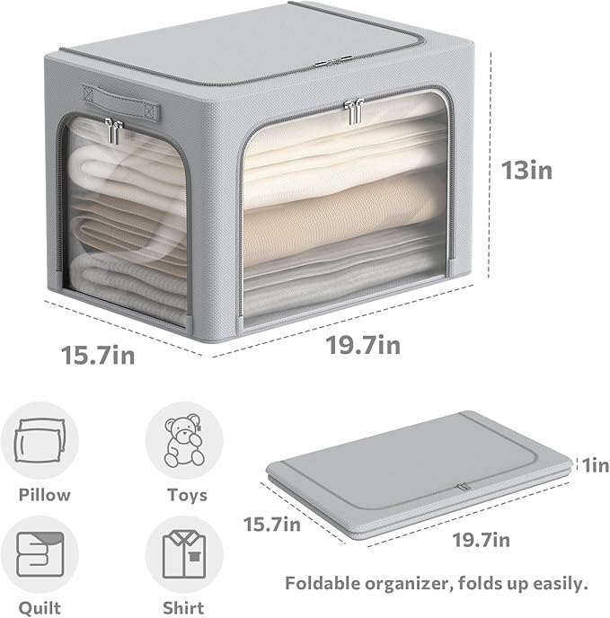 3Pack Clothes Storage Bins - Oxford Frame Storage Box Foldable Stackable Storage Organizer with 3 Openings Design, Metal Frame, Clear Window, Carry Handles (66L-19.7 * 15.7 * 13, Grey)-NeatNest