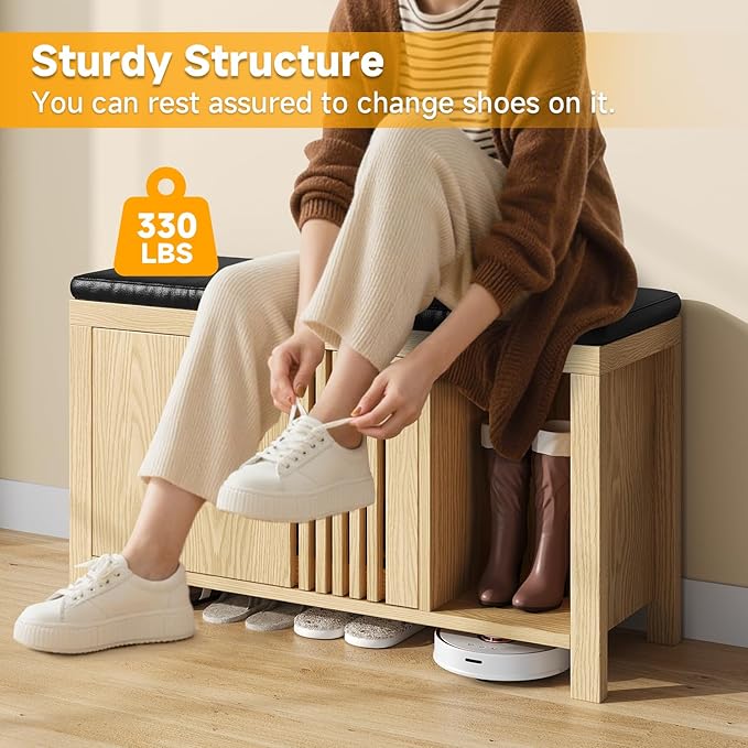 40" Shoe Storage Bench with Flip Drawers & Padded Seat Cushion, Adjustable Shelf, Slatted Doors Entryway Bench Shoe Cabinet with Bench for Entryway Living Room Bedroom, Natural
