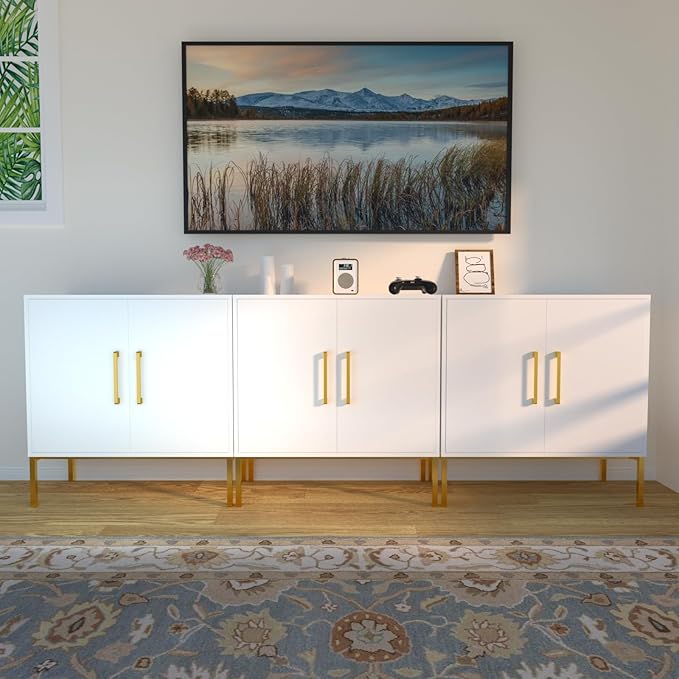 JOZZBY Buffet Sideboard Cabinet with Storage, Modern Wooden Cabinet with Adjustable Shelves, White and Gold Cabinets for Living Room, Kitchen, Hallway, Set of 3