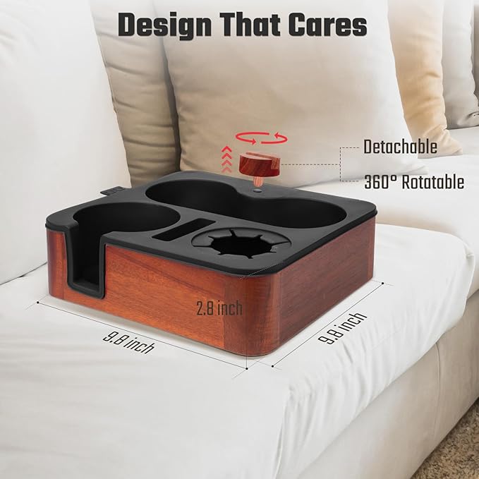 Couch Cup Holder Tray, Real Acacia Wooden Caddy with Soft Silicone, Snack and Drink Organizer- Perfect Movie Night Accessories for Bed, Remote and Cup Holders for Sofa (Black)-NeatNest