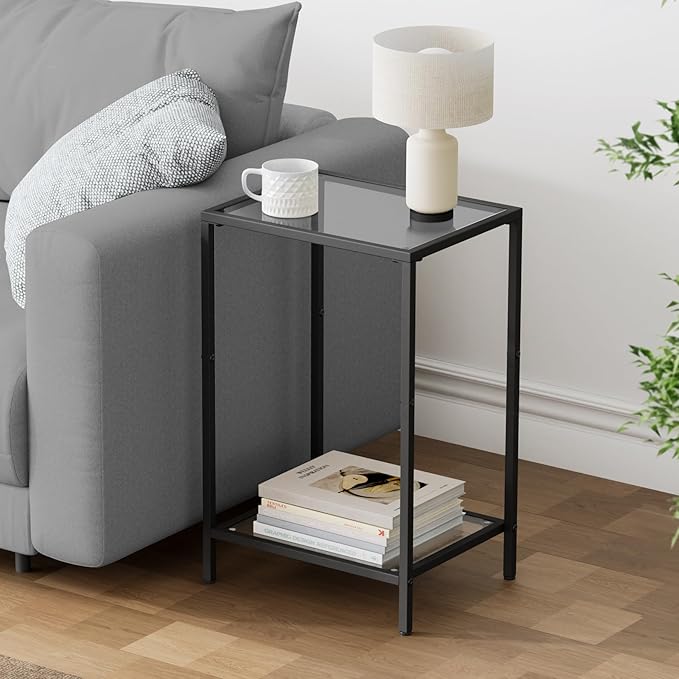 Side Tables Set of 2, End Tables with Tempered Glass, 2-Tier Nightstands with Storage Shelves, Coffee Table with Modern Style, Slim Sofa Table for Living Room, Bedroom, 11.8" D x 15" W, Black