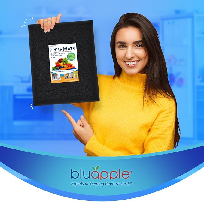Bluapple FreshMats, Refrigerator Bin Liner, Fridge Drawer Mats, Crisper Life Extender Liner Keeps Produce Fresh Longer, Anti-Bruising, for Air Circulation, Washable & Reusable (4-Mats, 12x15, Black)