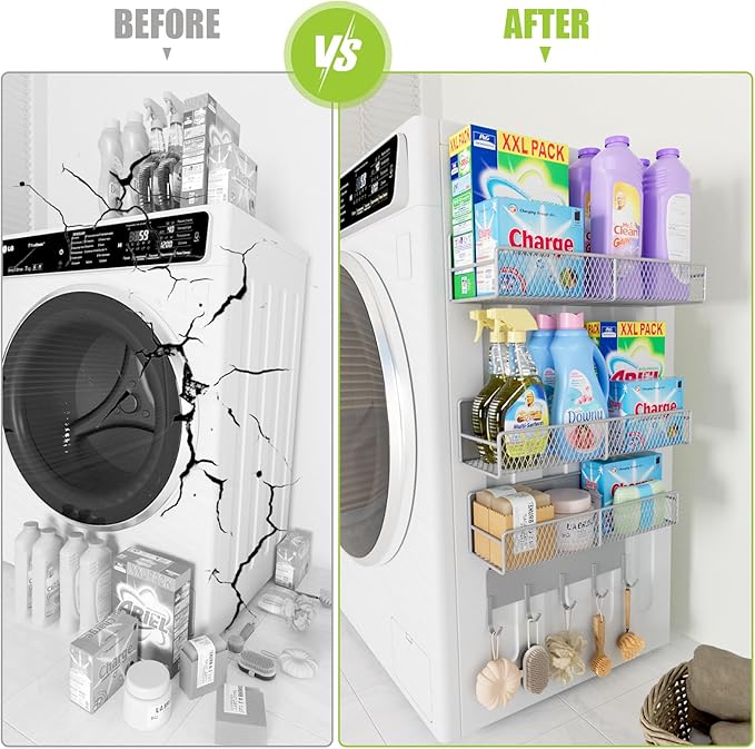 4 Pack Magnetic Shelves for Washing Machine, Heavy-Duty Magnetic Laundry Organizer with Hooks, Washing Machine Shelf for Refrigerator, Metal Storage Baskets, Closet & Laundry Room Organization (Grey)