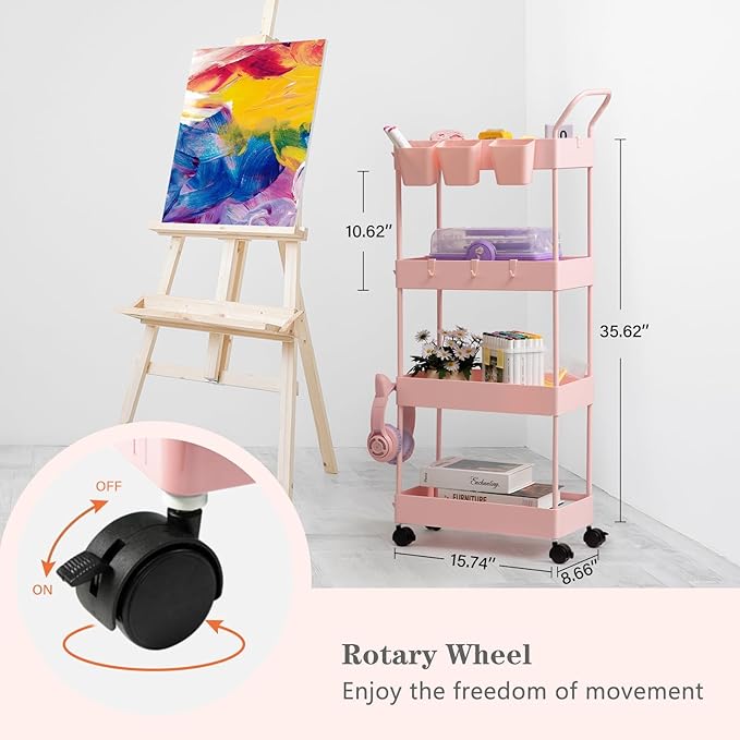 danpinera Slim Storage Cart, 4 Tier Bathroom Organizer Narrow Laundry Cart with Wheels Dividers Hanging Cups Hooks Handle Makeup Lash Cart Shelf Organizer Rack Unit Easy Assembly, Pink
