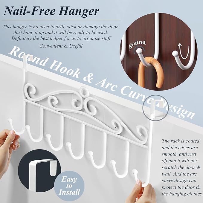 Over The Door Hook Coat Rack & Towel Rack - 7 Hooks, Bathroom Door Hooks, Clothes & Belt Hanger, White