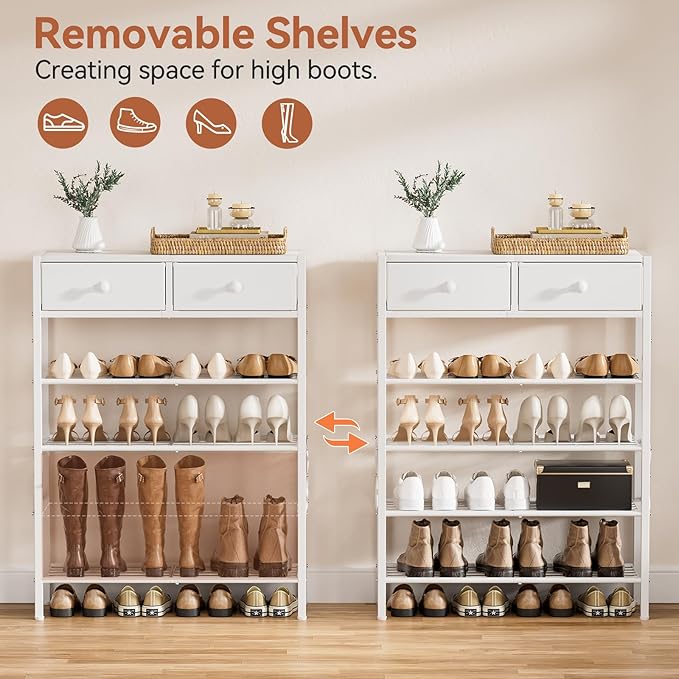 Shoe Rack for Entryway, 5 Tier Shoe Organizer with 2 Non-Woven Drawers, Metal Storage Shoe Shelf for 16-20 Pairs of Shoes, with Wooden Top and Steel Frame, Shoe Stand for Closet Greige-NeatNest