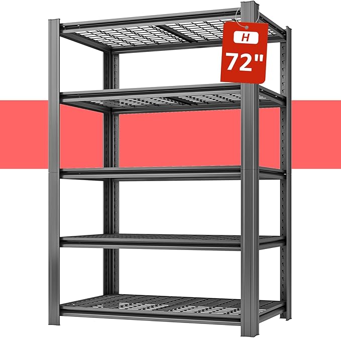 5 Tier Metal Storage Shelves, 72" H x 47.24" W x 17.72" D, 2500LBS Adjustable Shelving Unit for Warehouse, Office, Kitchen, Entryway, Pantry, Living Room, Laundry Room, Garage Shelving, Black-NeatNest
