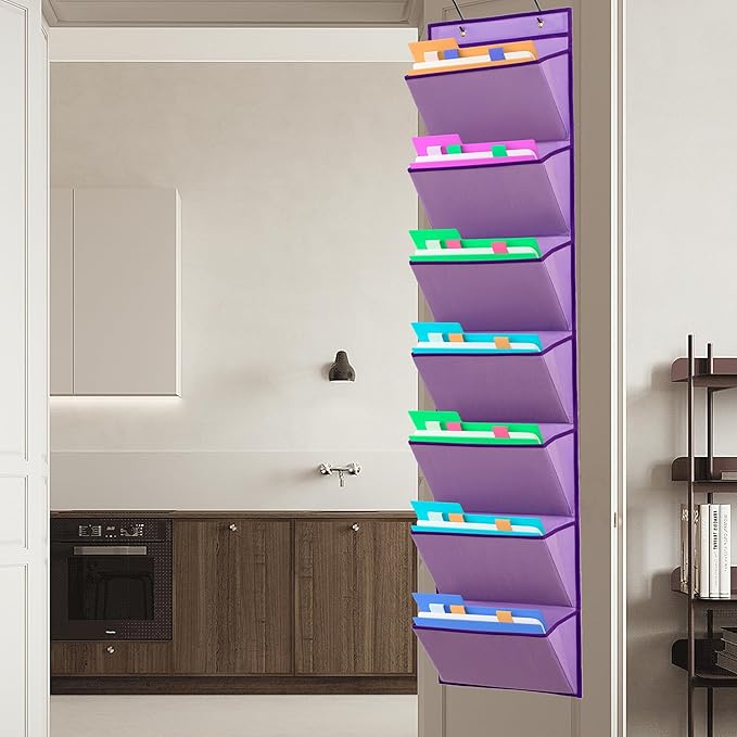 Wall Mounted File Holder Over Door Hanging Mail Organizer Document Storage Bag for Papers Magazines and Books (7 POCKETS-PURPLE)-NeatNest