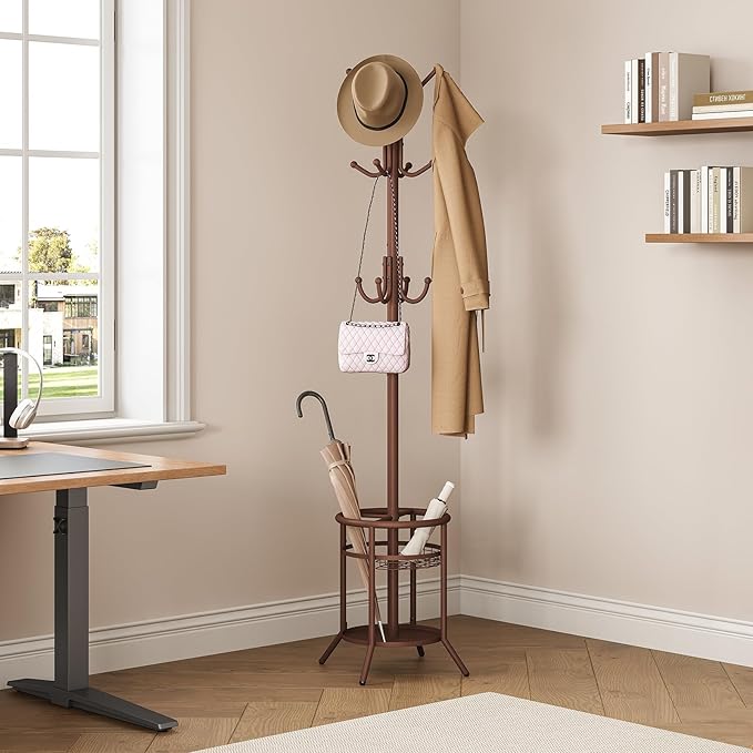 ELYKEN Coat Rack Freestanding, Metal Coat Rack Stand with Umbrella Holder, Modern Coat Tree with 12 Hooks, Floor Standing Corner Hall Tree for Entryway Living Room Bedroom Office, Brown-NeatNest