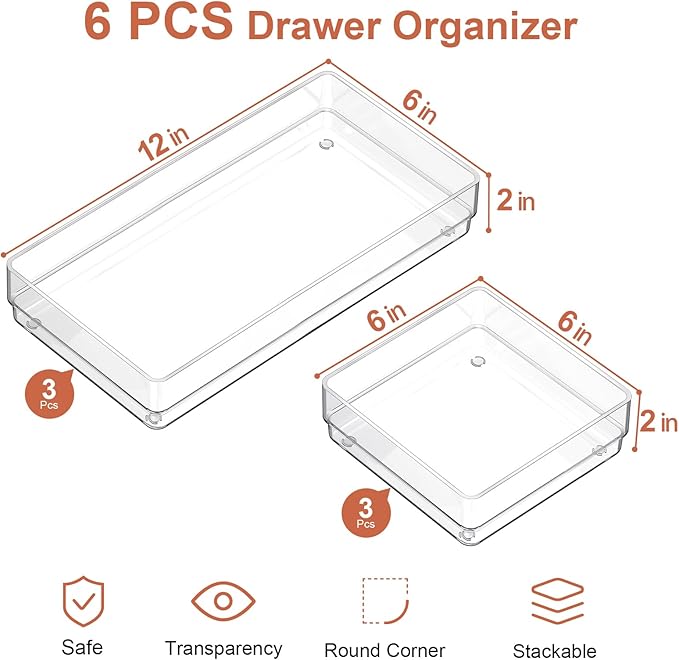 SMARTAKE 6 PCS Clear Plastic Drawer Organizers Set, Large Size Non-Slip Desk Drawer Organizer, 2-Size Versatile Bathroom and Vanity Drawer Organizer Trays for Makeup, Bedroom, Office, Kitchen Utensils-NeatNest
