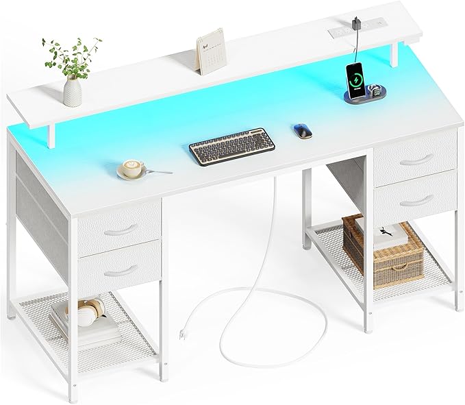 Huuger 55 inch Computer Desk with 4 Drawers, Gaming Desk with LED Lights & Power Outlets, Home Office Desk with Large Storage Space for Bedroom, Work from Home, White-NeatNest
