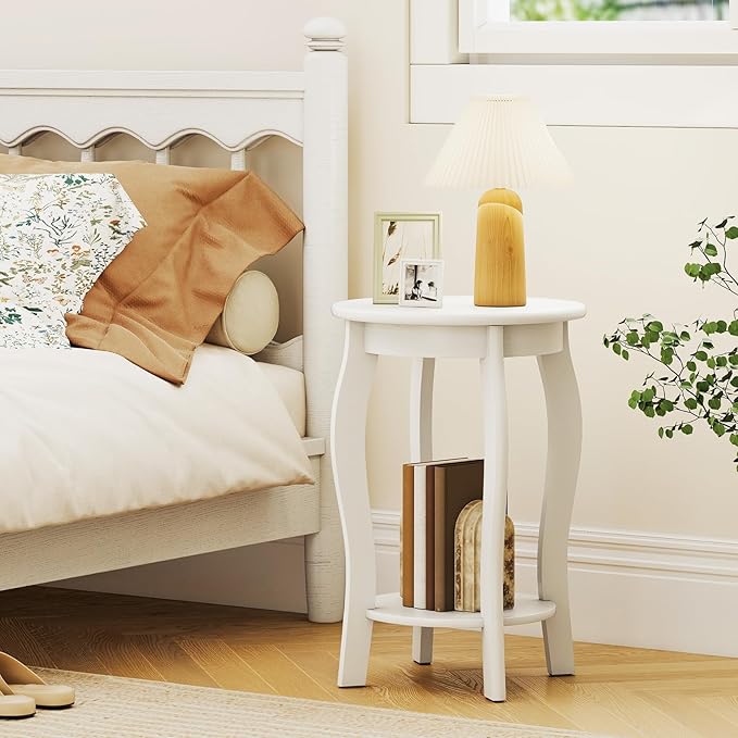 Giantex Round End Table Set of 2, Wooden Side Table with Storage Shelf, Small Nightstand with Solid Wood Legs, 2-Tier Accent Table for Living Room Bedroom