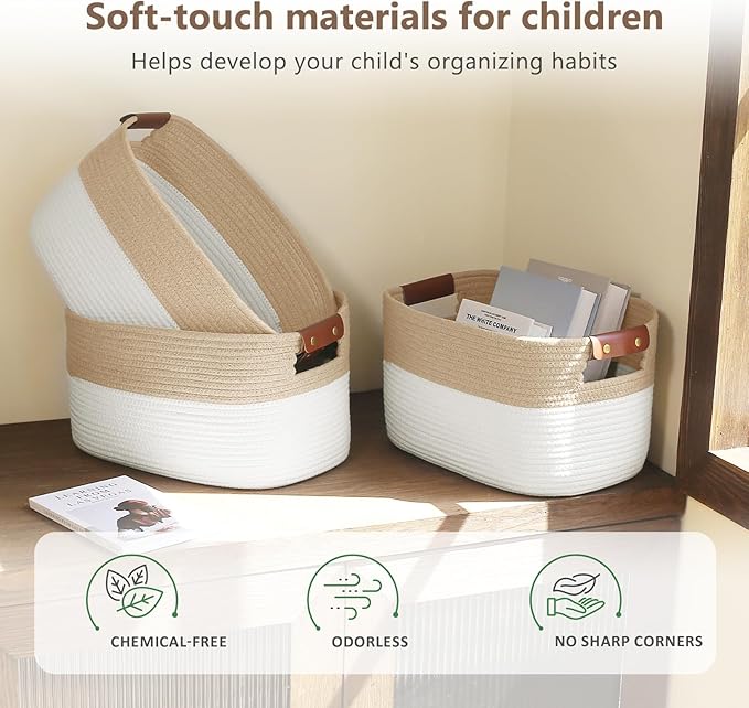 Cotton Rope Storage Baskets,15x10x9 in,Collapsible Storage Bins, Decorative Woven Basket Cube Storage Organizer for Laundry, Towel, Clothes (White/Beige-3Pack, 15x10x9 inches)-NeatNest