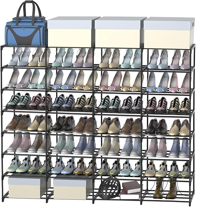 Large Shoe Rack Organizer, 4-Row 8-Tier Tall Shoe Storage Shelf for Closet, Entryway, Garage, Metal Free Standing Shoe Holder for 56-64 Pairs Shoes, Sturdy Stackable Shoe Stand for Bedroom-NeatNest