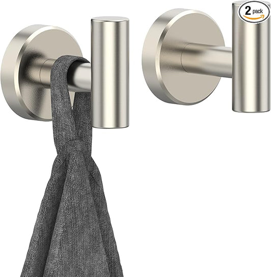 Brushed Nickel Towel Hook, Coat Robe Clothes Hook for Kitchen Garage Wall Mounted 2 Pack, 304 Stainless Steel, Heavy Duty Door Hanger, Cabinet Closet Wall Hook for Hotel Pool(Brushed Nickel)