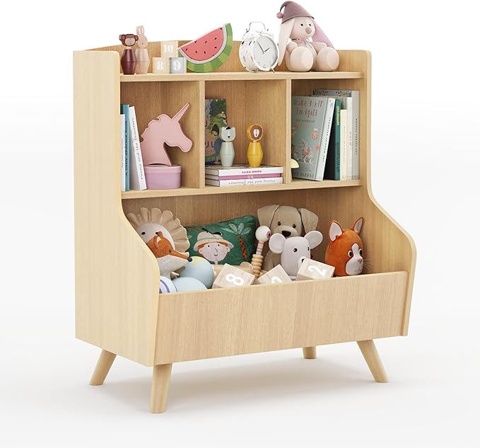 Curipeer Kids Bookshelf and Toy Storage, 3-Tier Wooden Bookcase, Baby Book and Toy Storage Display Organizer with Spacious Top Shelf for Children, Friends, Family, Natural Wood Color-NeatNest