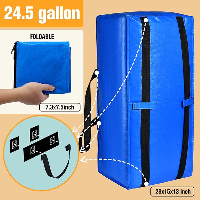 Heavy Duty Extra Large Storage Bags, XL Blue Moving Bags for College Dorm Room Essentials, Moving Supplies Boxes Compatible with IKEA Frakta Cart, 6 Packs