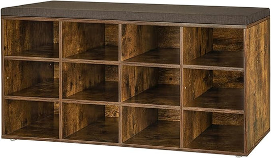 DINZI LVJ Shoe Storage Bench with Cushion, Cubby Shoe Rack with 12 Cubbies, Adjustable Shelves, Multifunctional Shoe Organizer Bench for Entryway, Mudroom, Hallway, Closet and Garage, Rustic Brown-NeatNest