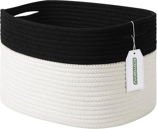 Cotton Rope Storage Basket, 15x10x9 Inches, Woven Basket for Shelves, Clothes, Toys, Towels, Books, and Laundry, Durable and Stylish, Black/ White (1 Pack)-NeatNest