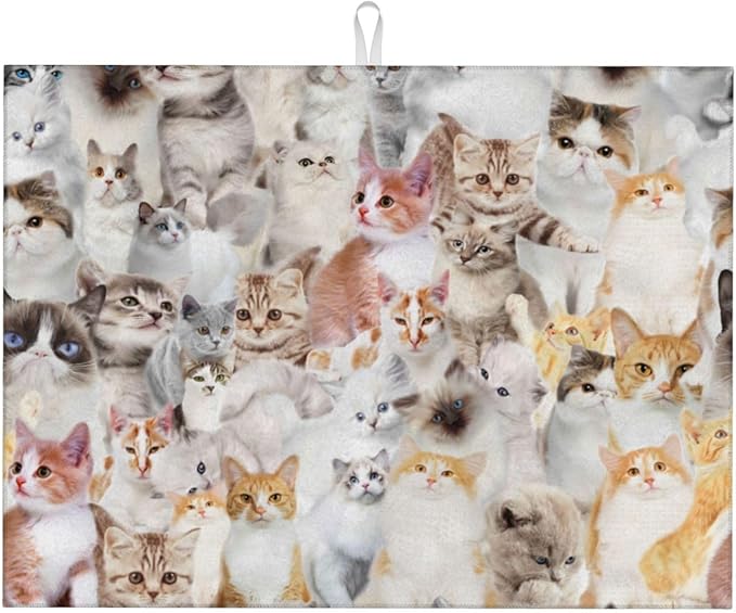 Cute Cat Dish Drying Mat 18 x 24 Inch for Kitchen Counter Cute Kitchen Mat Microfiber Kitchen Countertop Absorbent Reversible Drainer Rack Pad Dish Drying Mat-NeatNest