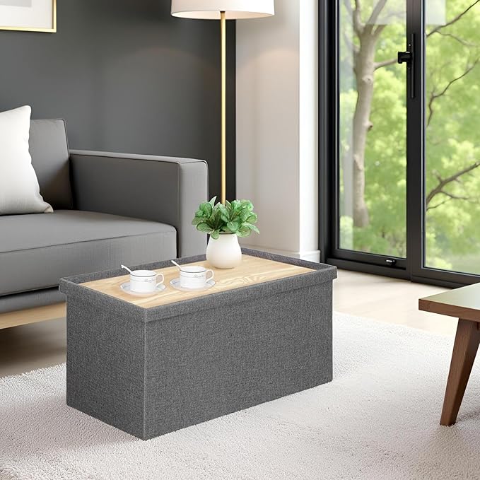 30 Inch Folding Storage Ottoman with Reversible Lid Coffee Table, Linen Fabric Multi-Functional Foot Rest & Seat for Living Room, Bedroom Grey
