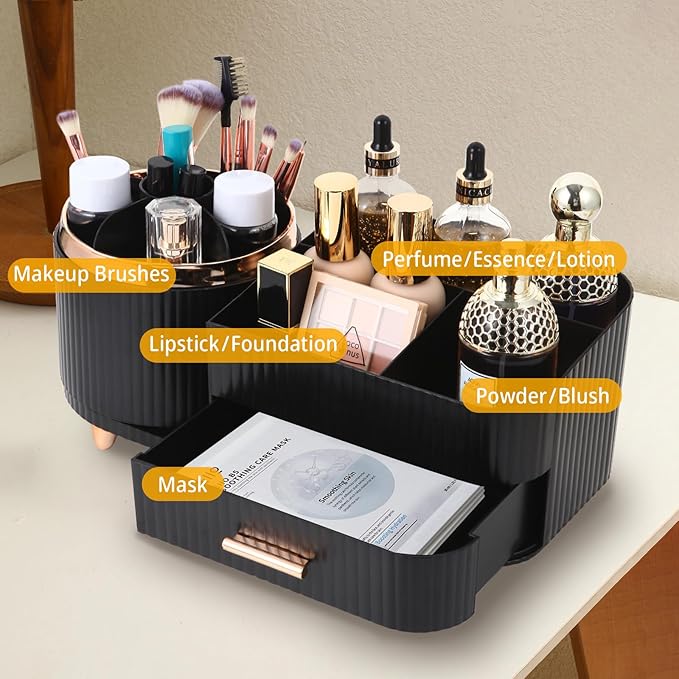 Makeup Organizer Countertop with Drawer 360 Rotating Brush Holder Storage Large Capacity Skincare Cosmetic Display Cases for Vanity Bathroom Desktop, Model 3016 Black-NeatNest
