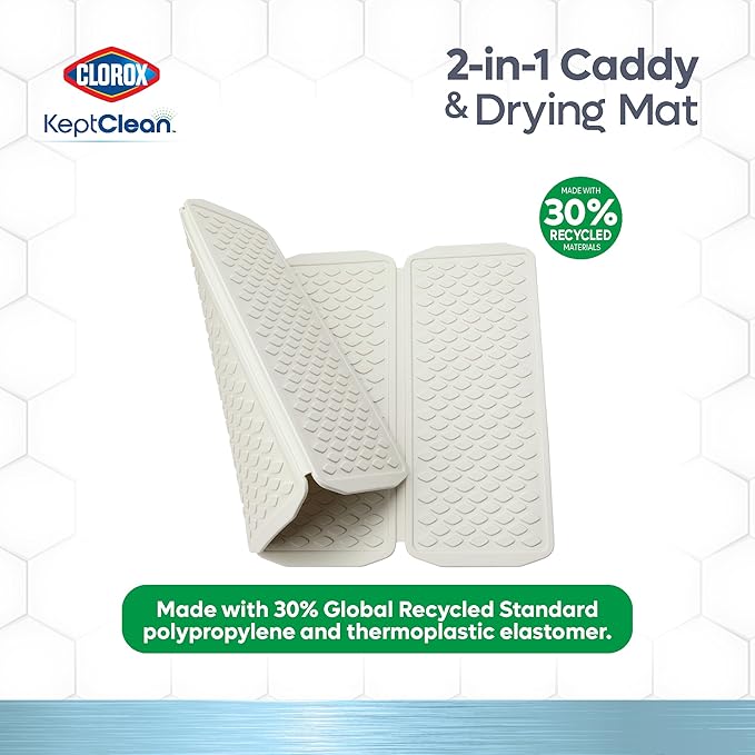 Clorox KeptClean 2-Piece Folding Kitchen Sink Mat and Sink Organizer – Folding Mat for Elevated Drying and Storage, Extending Organizer Dries 6 Plates, Flips to Dry Accessories – Almond Cream