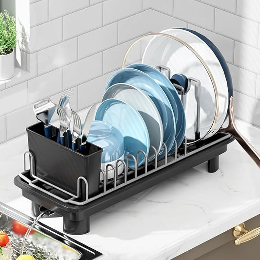 Compact Dish Drying Rack with Utensil Holder – Small Countertop Dish Drainer with 360° Rotating Drain Spout, Stainless Steel Dish Rack for Kitchen Sink, Space-Saving Design for Small Kitchen-NeatNest